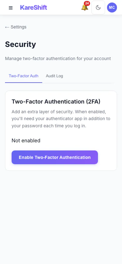 Security Settings: Two-factor status for your account, with trusted devices and an audit log for owners. (mobile view)