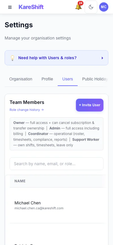 Team Members and Roles: Everyone in your organisation, their status and roles. (mobile view)