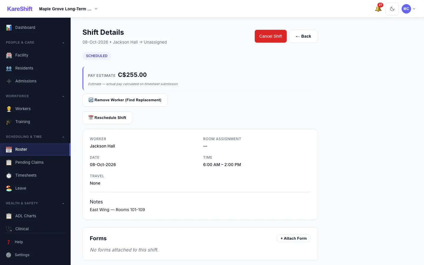 Shift Detail: A shift with its worker, pay estimate and attached forms.