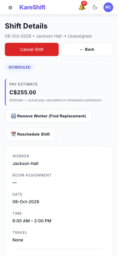 Shift Detail: A shift with its worker, pay estimate and attached forms. (mobile view)