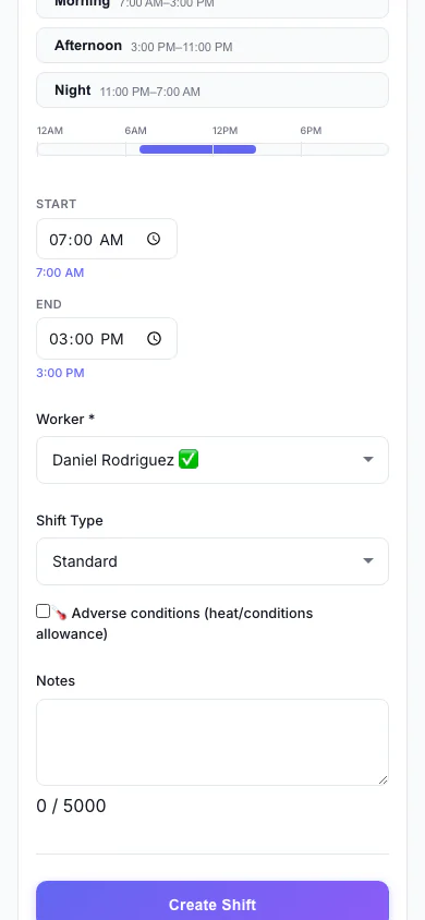 Add a Shift: Pick the person, date and times, and see suggested workers. (mobile view)