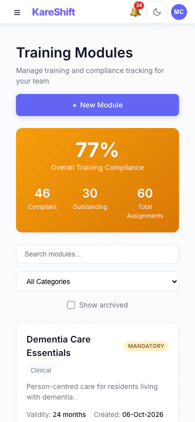Training Modules: Mandatory and optional training, overall compliance and who is due. (mobile view)