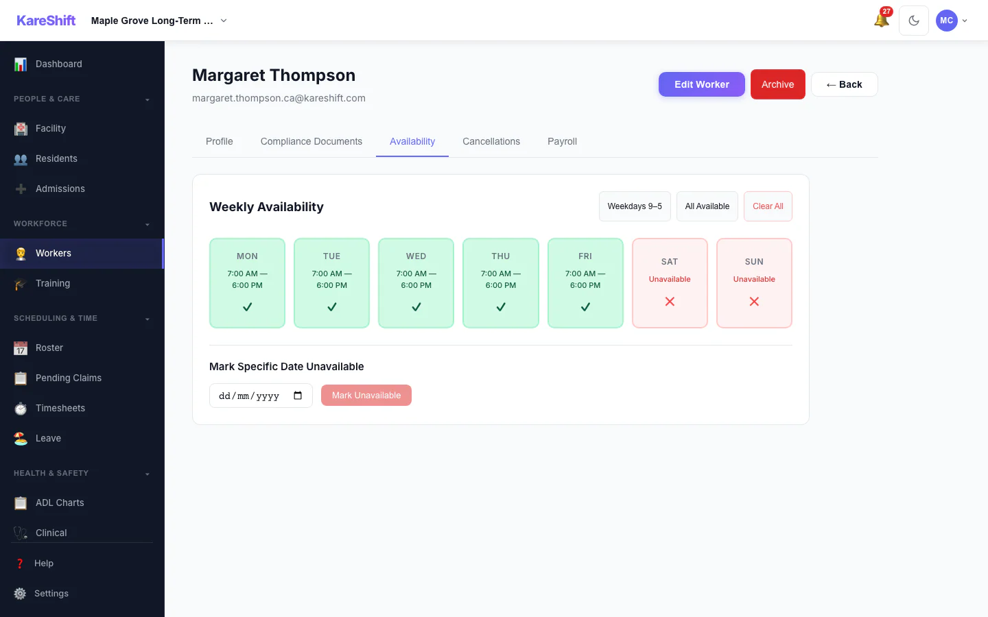 Worker Availability: A worker's weekly availability grid.