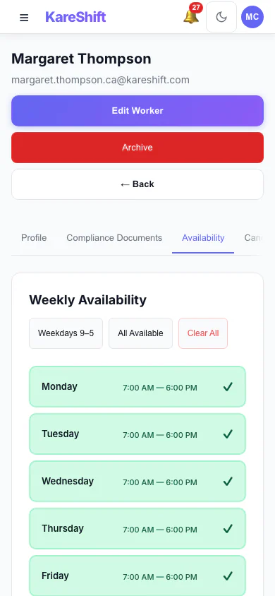 Worker Availability: A worker's weekly availability grid. (mobile view)