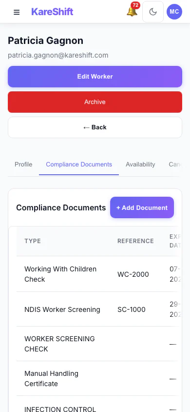 Worker Compliance — document tracking with expiry alerts — mobile view