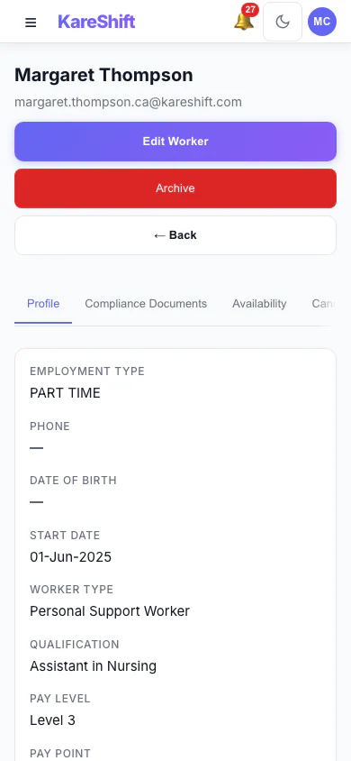 Worker Profile: A worker's profile and details. (mobile view)