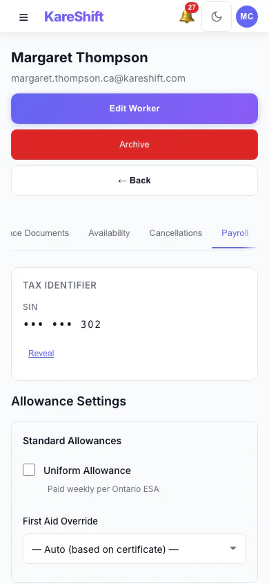 Worker Payroll Details: Payroll details and allowance settings for a worker. (mobile view)