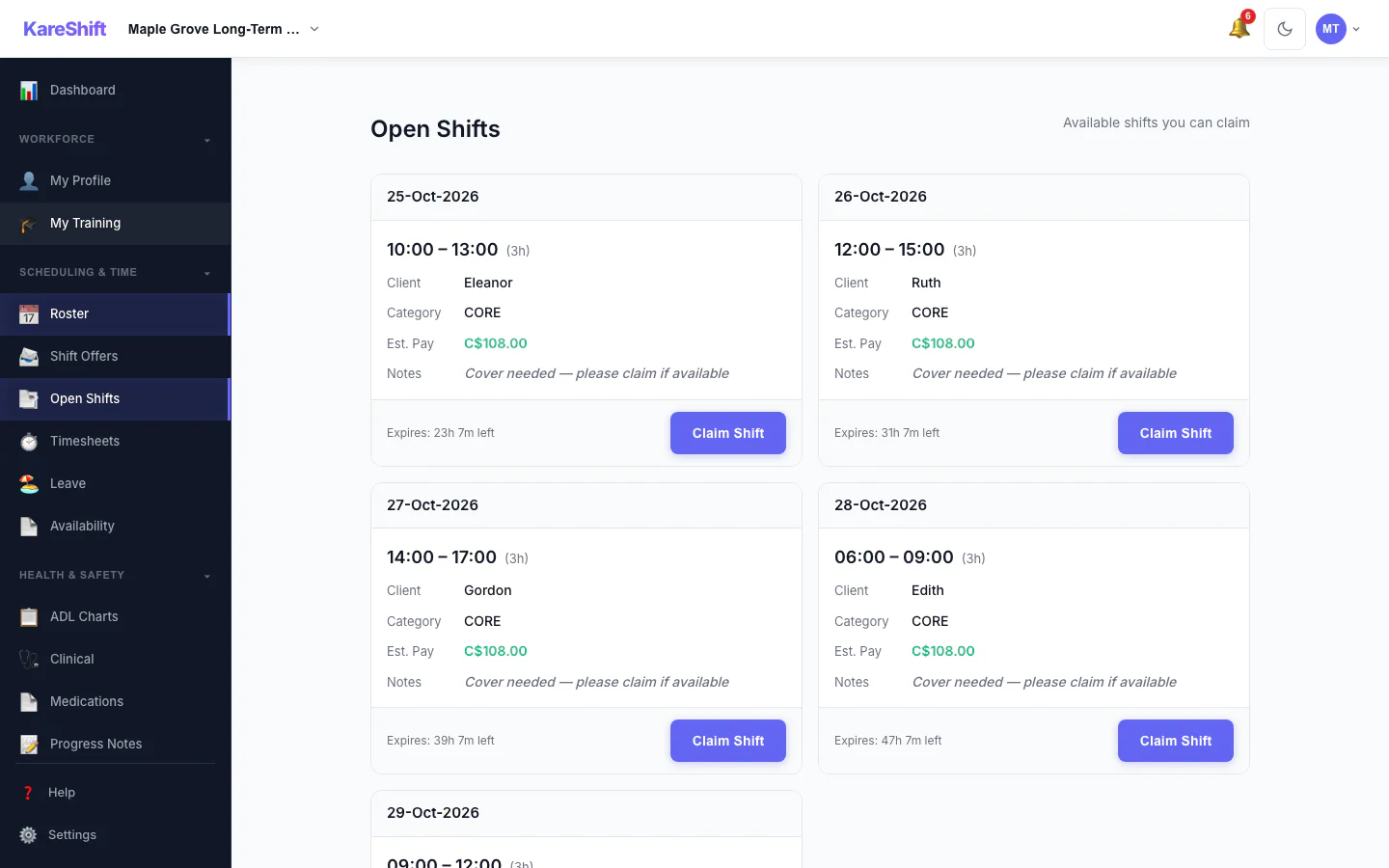 Open Shift Board — claimable vacant shifts with pay estimate and expiry