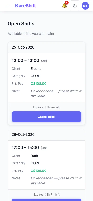 Open Shift Board — claimable vacant shifts with pay estimate and expiry — mobile view