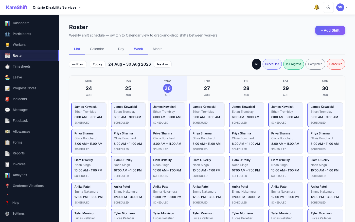 Roster Calendar for Ontario disability agency