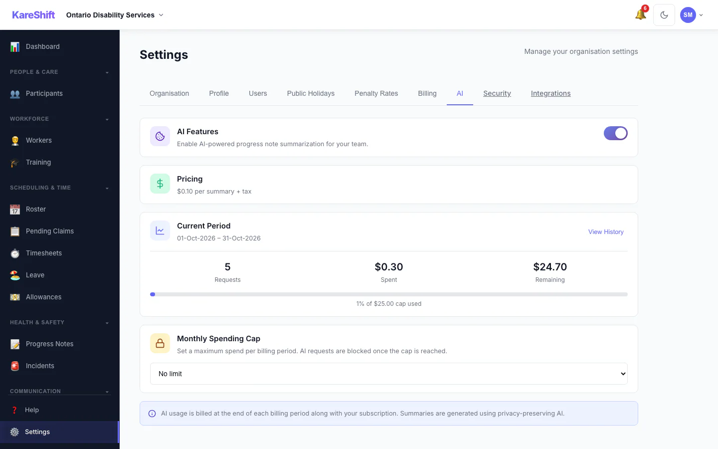 AI Settings: Turn AI progress summaries on for your organisation, set a monthly spending cap and see this period's usage.