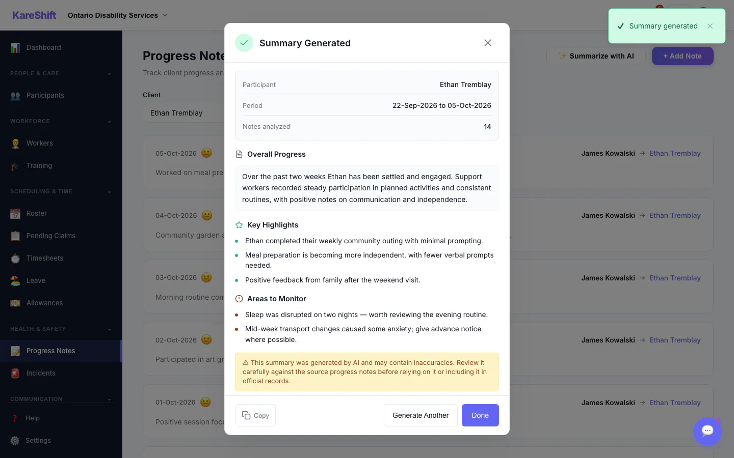 AI Progress Summary — Result: A written summary with highlights and areas to monitor. Staff review it before relying on it.