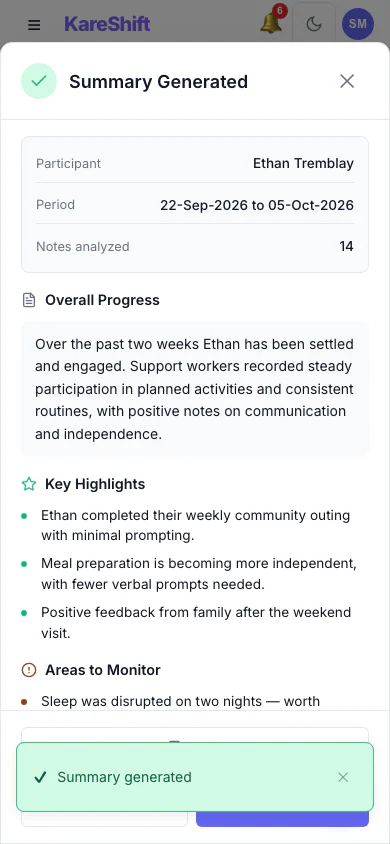 AI Progress Summary — Result: A written summary with highlights and areas to monitor. Staff review it before relying on it. (mobile view)