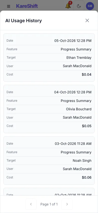 AI Usage History: Every summary generated, who ran it, for whom and what it cost. (mobile view)