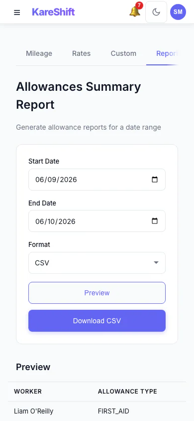 Allowances Report: Preview and export what was paid in allowances over a period, with a grand total. (mobile view)