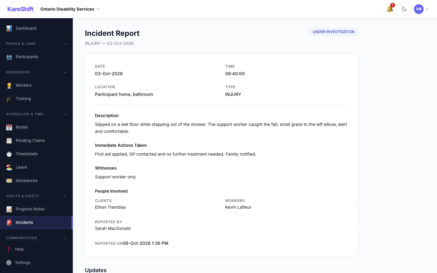 Incident Detail: An incident with its status, details and the update trail of who did what.