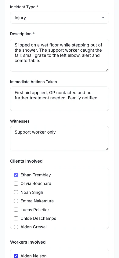 Report an Incident: Record what happened, who was involved and what was done straight away. (mobile view)