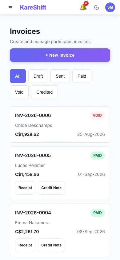 Invoices: Draft, sent, paid and voided invoices in one list, with PDF, receipt and credit note actions. (mobile view)