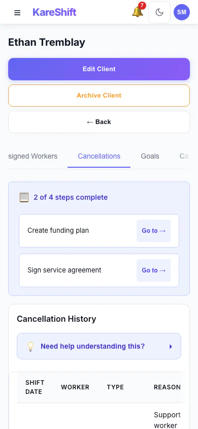 Cancellation History: Cancelled visits with who cancelled, whether the fee is claimable and the amount. (mobile view)