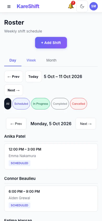 Roster — Day View: One day's shifts grouped by worker. (mobile view)