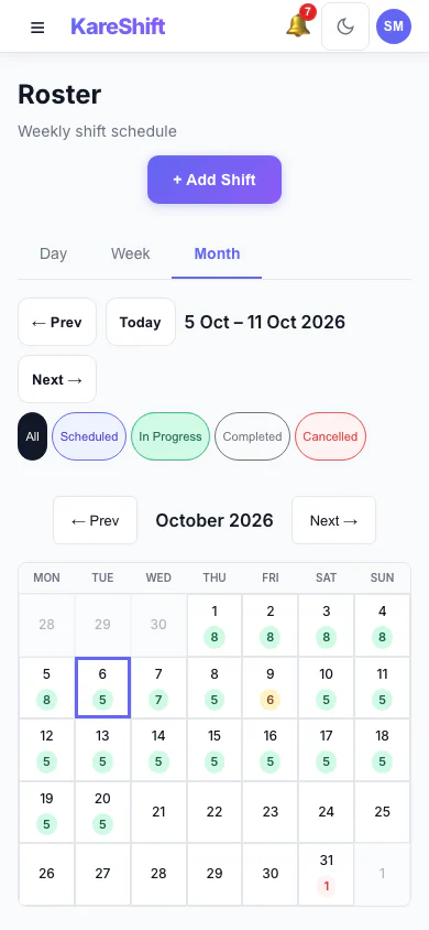 Roster — Month View: A month at a glance with shift counts for each day. (mobile view)