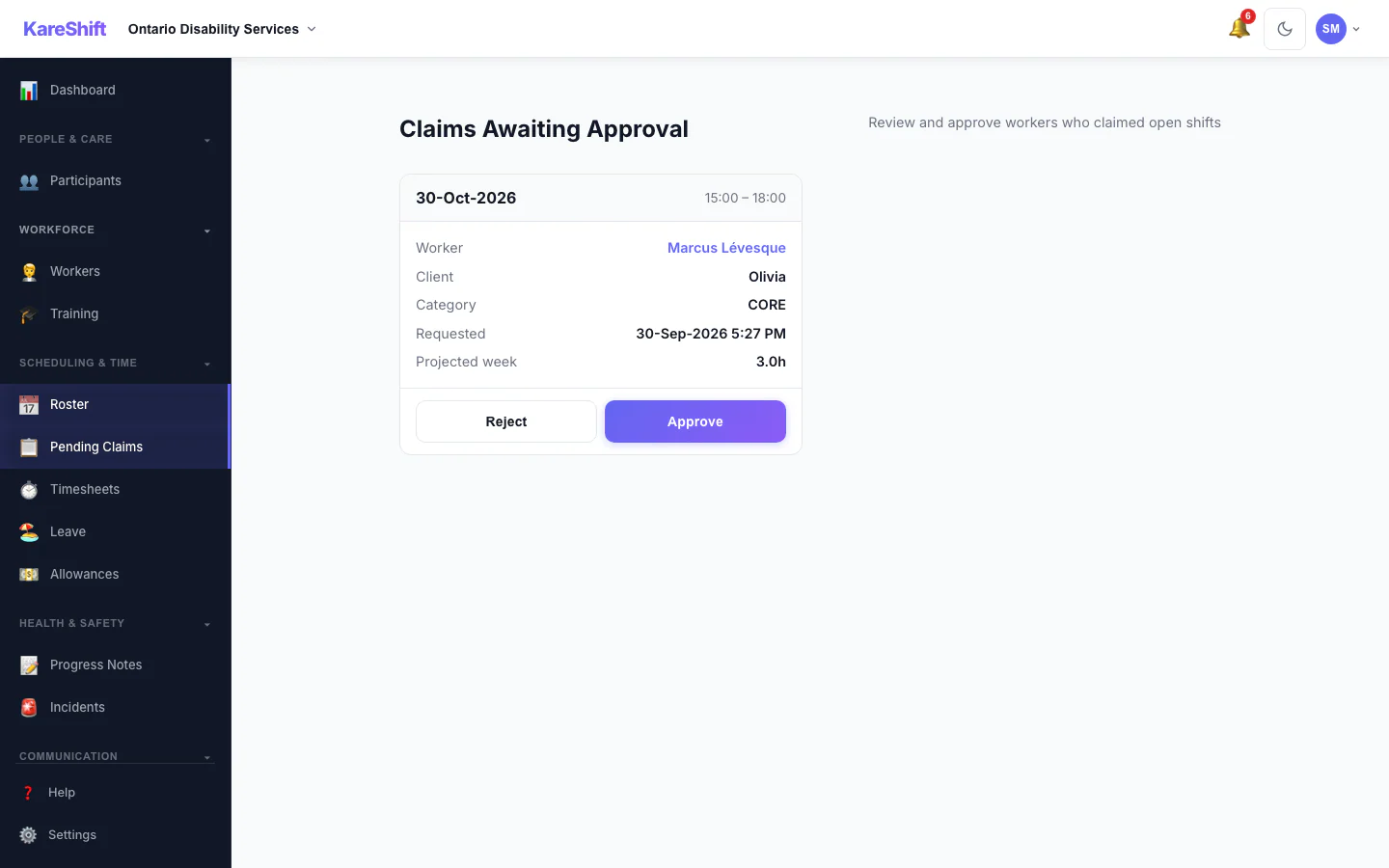 Claim Approval — coordinator reviews open-shift claims with projected weekly hours and an overtime warning