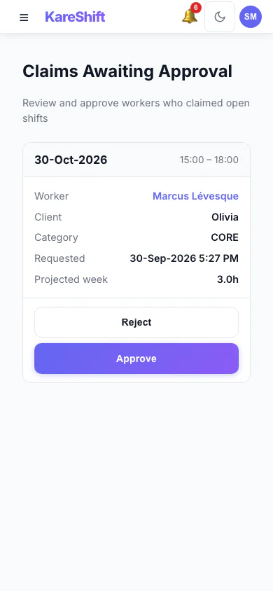 Claim Approval — coordinator reviews open-shift claims with projected weekly hours and an overtime warning — mobile view