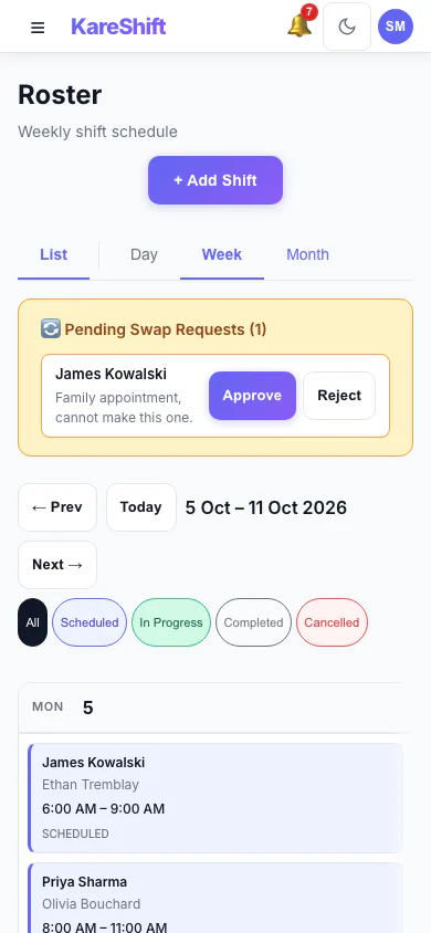 Shift Swap Requests: Pending swap requests with approve and reject. (mobile view)