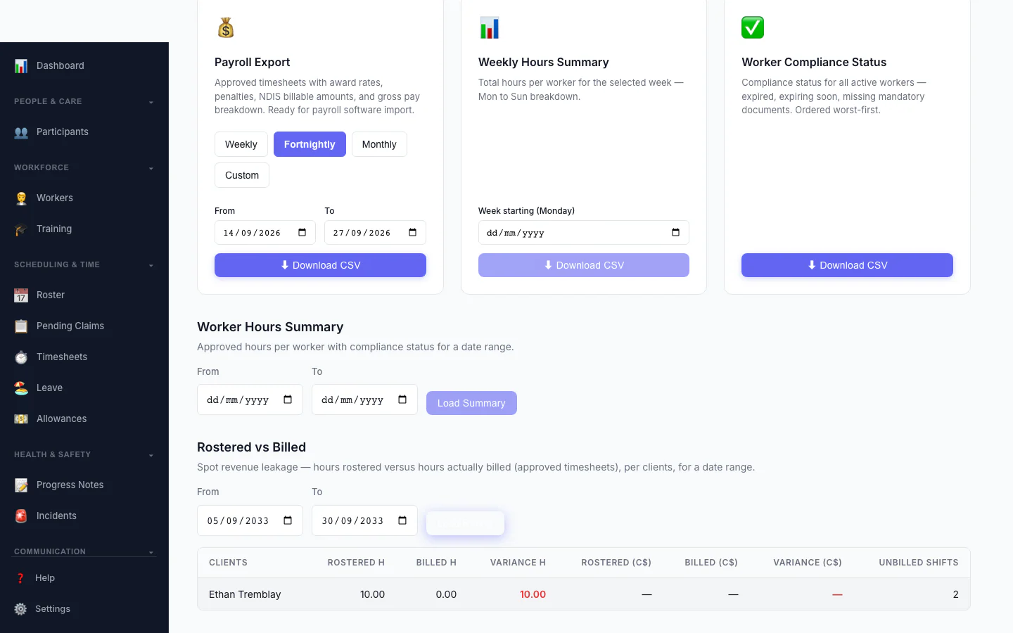 Rostered vs Billed report — hours rostered versus hours billed, with the shortfall highlighted
