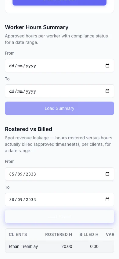 Rostered vs Billed report — hours rostered versus hours billed, with the shortfall highlighted — mobile view