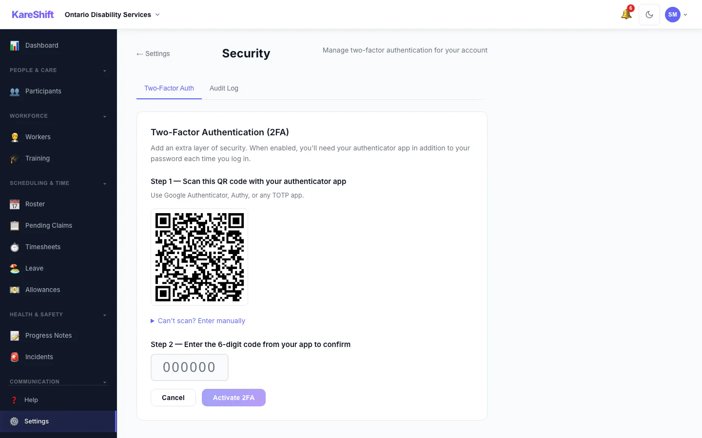 Set Up Two-Factor Authentication: Scan a code with an authenticator app, then enter the six-digit code to switch it on.