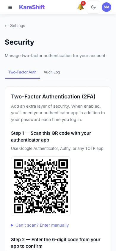 Set Up Two-Factor Authentication: Scan a code with an authenticator app, then enter the six-digit code to switch it on. (mobile view)