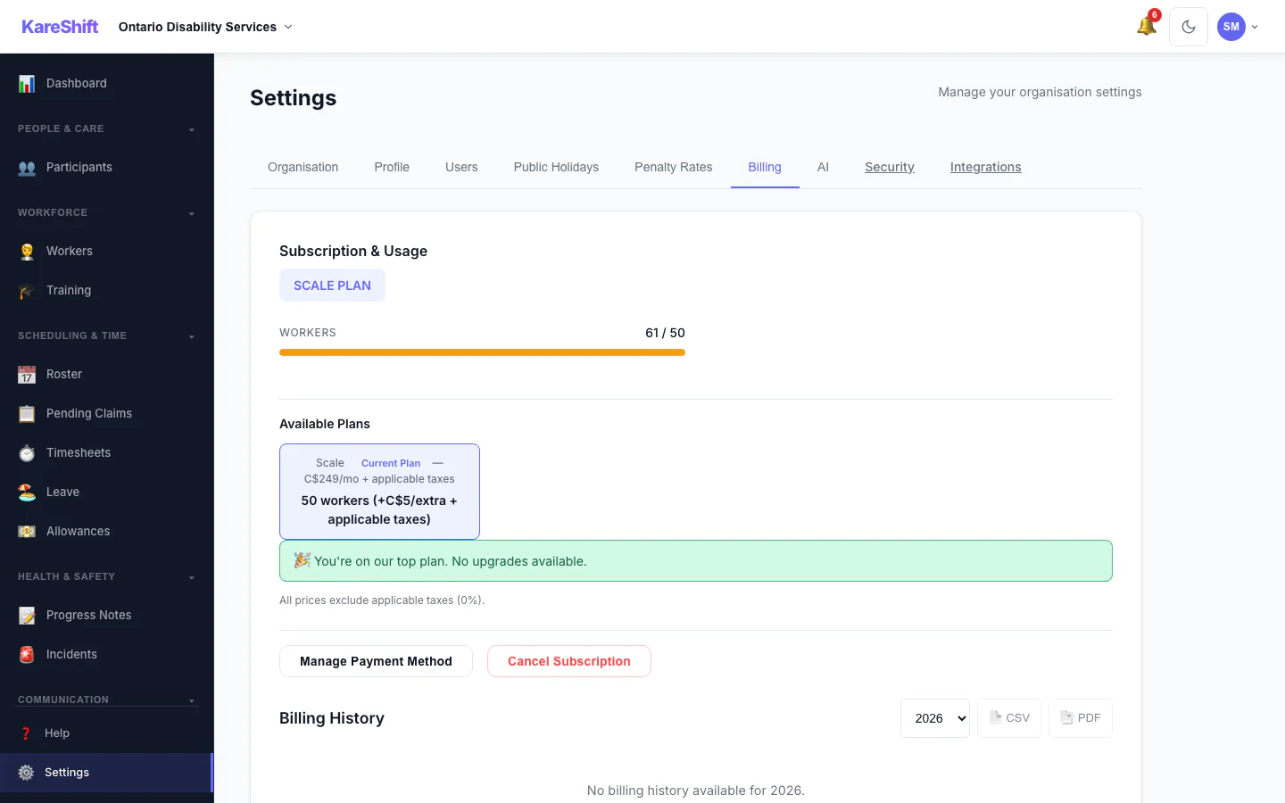 Billing and Plan: Your plan, worker usage and billing history.