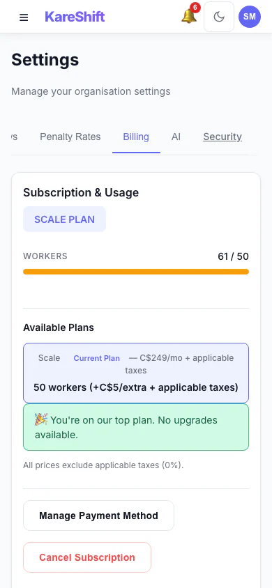 Billing and Plan: Your plan, worker usage and billing history. (mobile view)