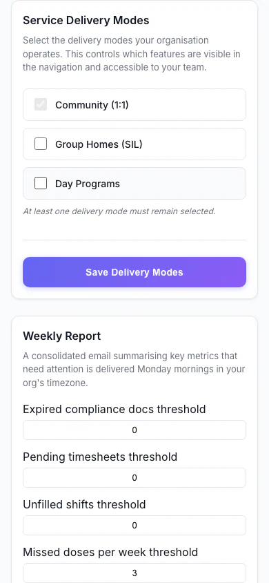 Service Delivery Modes: Choose which kinds of service your organisation delivers. (mobile view)