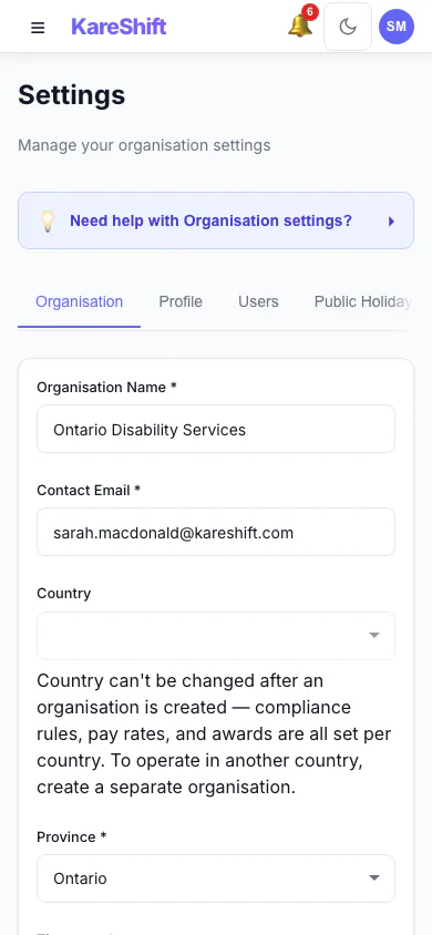Settings — Mobile