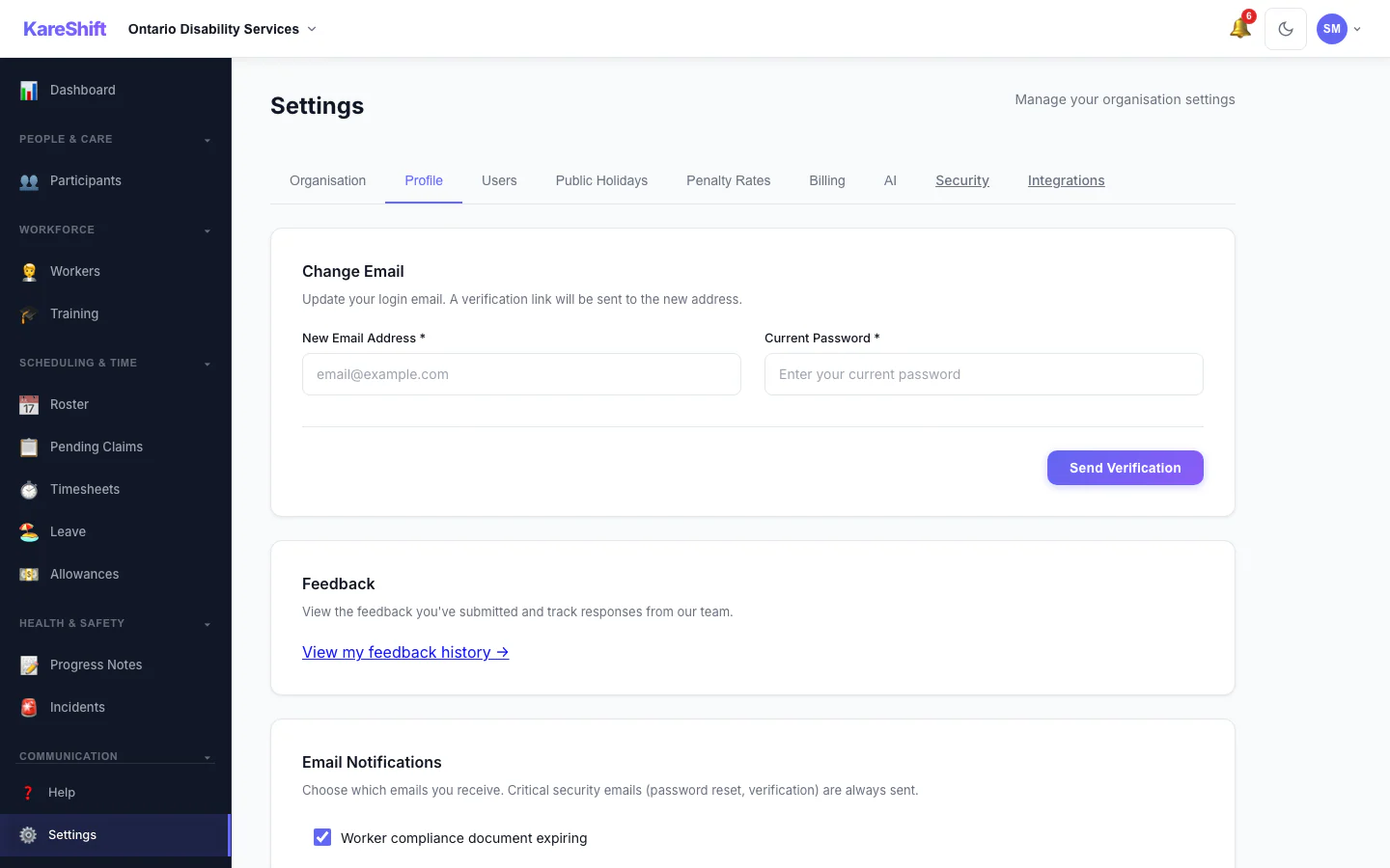 Your Profile Settings: Your login email and email notification choices.