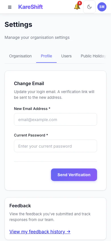 Your Profile Settings: Your login email and email notification choices. (mobile view)