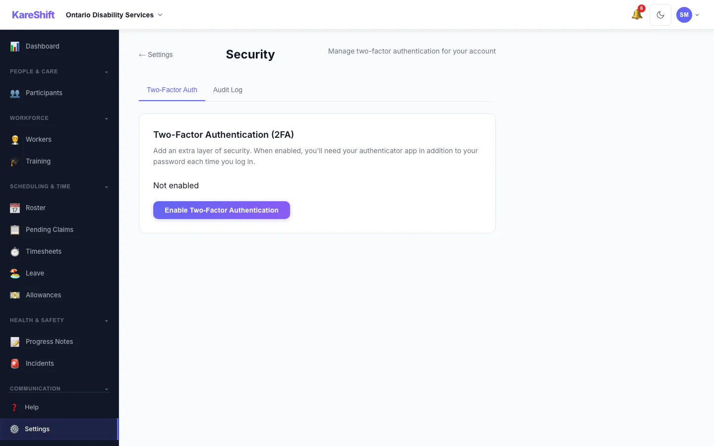Security Settings: Two-factor status for your account, with trusted devices and an audit log for owners.