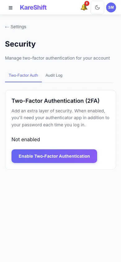 Security Settings: Two-factor status for your account, with trusted devices and an audit log for owners. (mobile view)