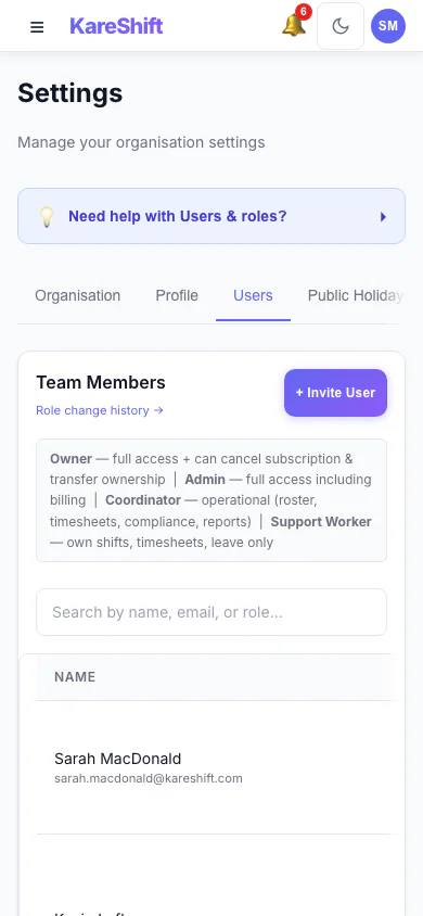 Team Members and Roles: Everyone in your organisation, their status and roles. (mobile view)