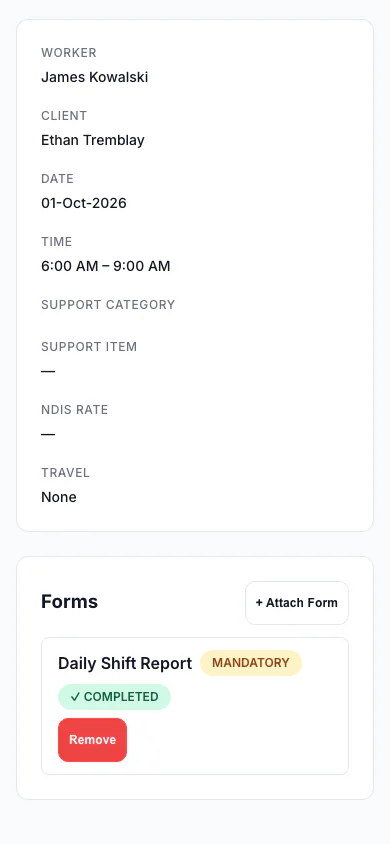 Forms Attached to a Shift: A shift with a mandatory form marked completed. (mobile view)