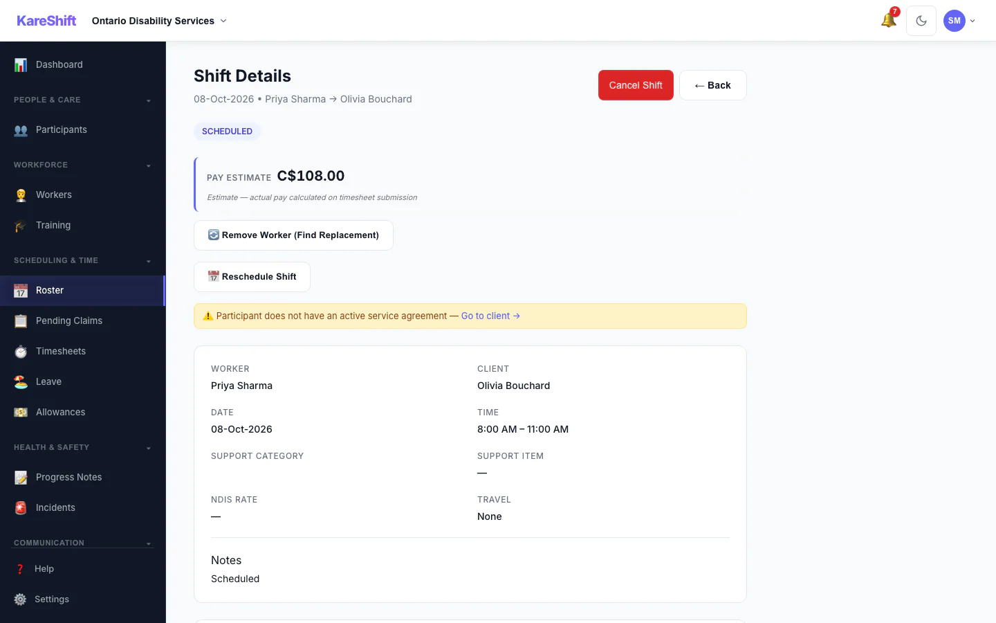Shift Detail: A shift with its worker, pay estimate and attached forms.