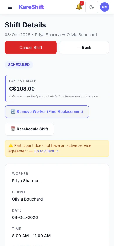 Shift Detail: A shift with its worker, pay estimate and attached forms. (mobile view)