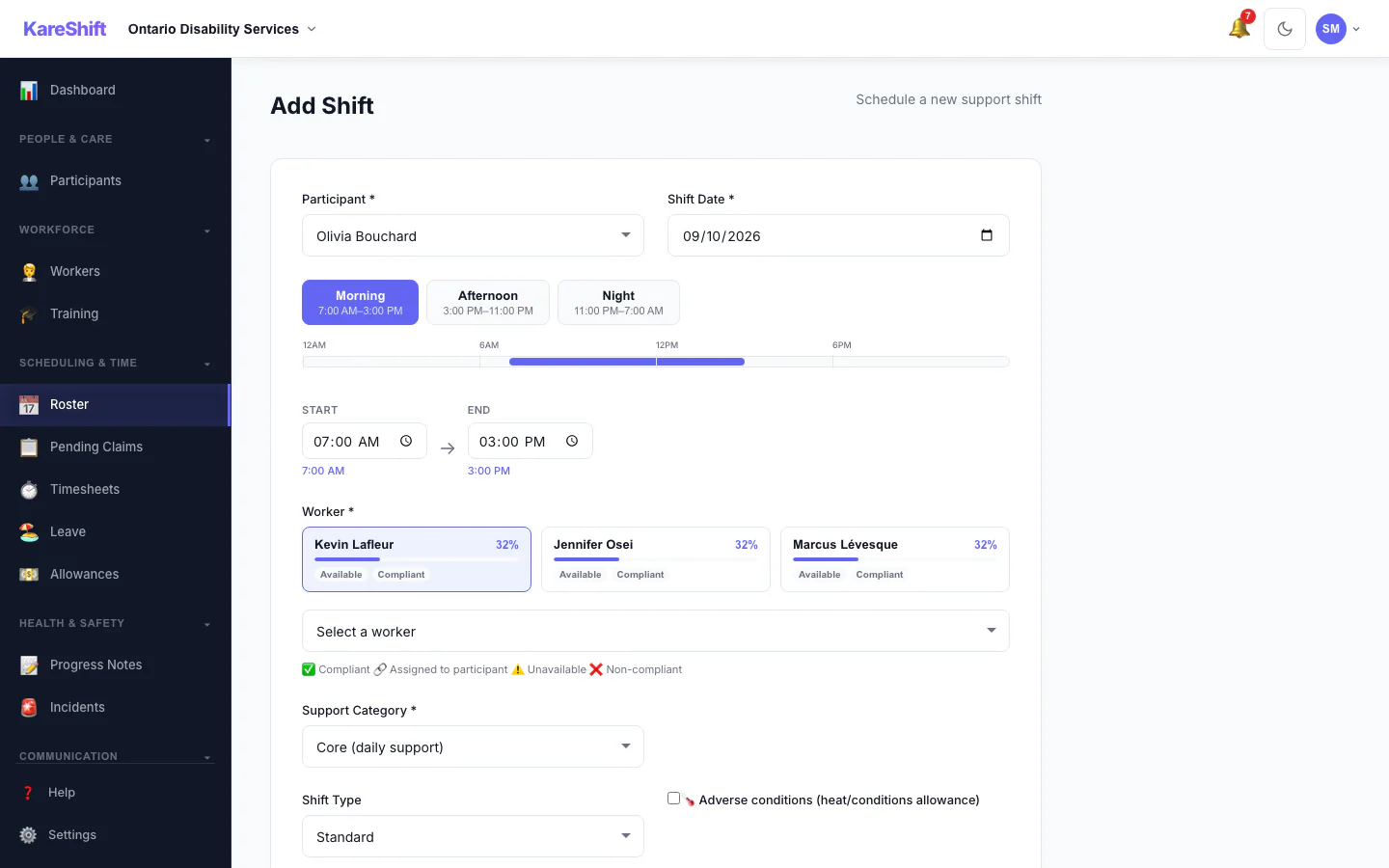 Add a Shift: Pick the person, date and times, and see suggested workers.
