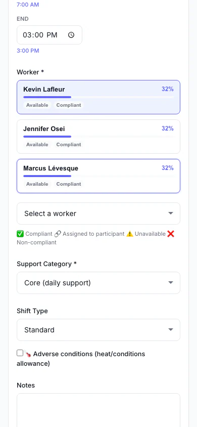 Add a Shift: Pick the person, date and times, and see suggested workers. (mobile view)