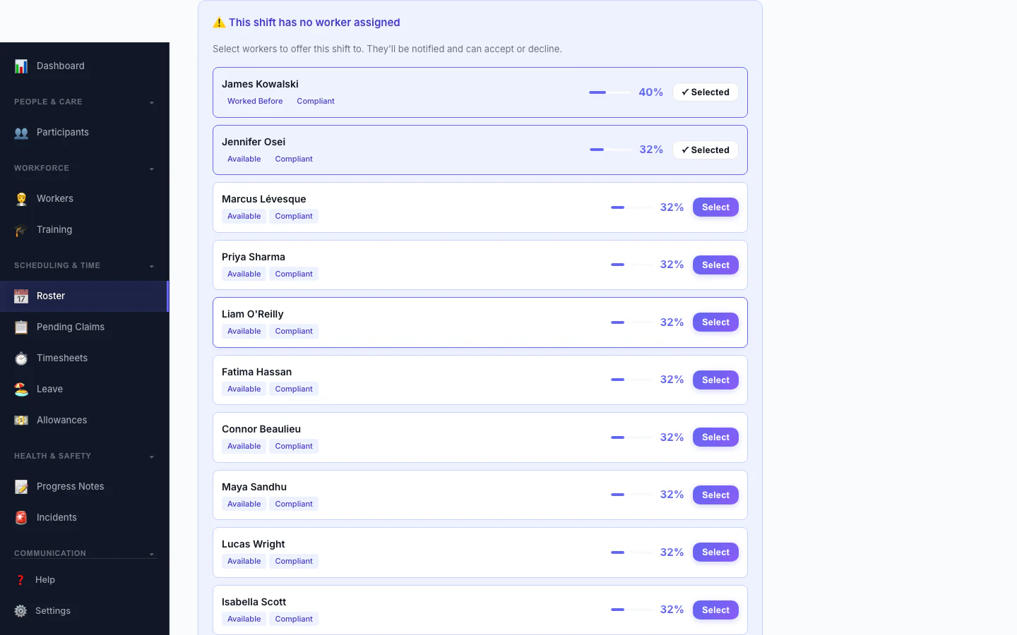 Replacement Assistant: A vacant shift with ranked replacement workers and one-click offers.
