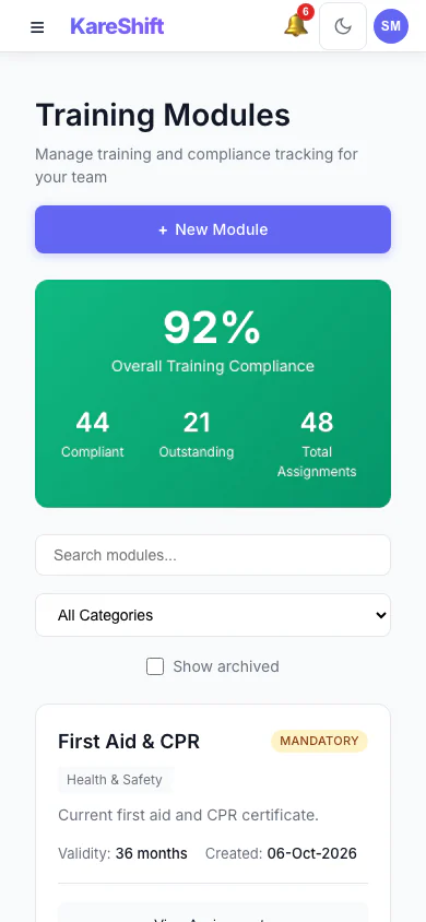 Training Modules: Mandatory and optional training, overall compliance and who is due. (mobile view)