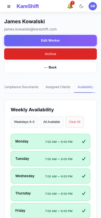 Worker Availability: A worker's weekly availability grid. (mobile view)
