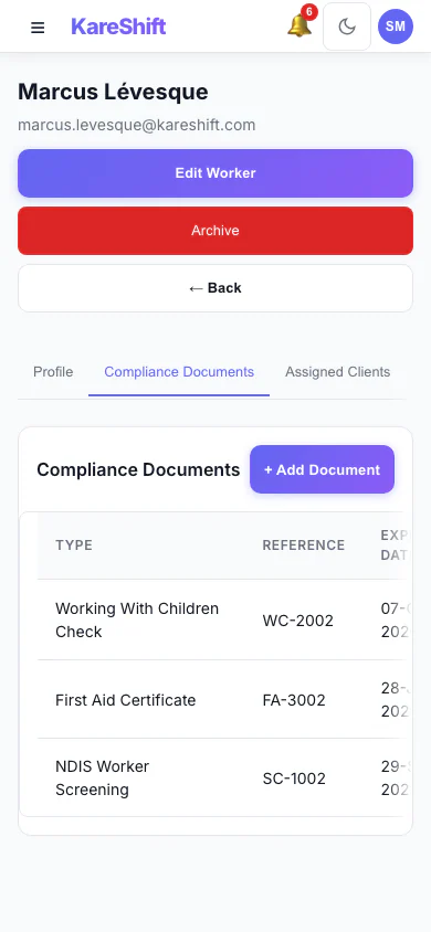 Worker Compliance — document tracking with expiry alerts — mobile view